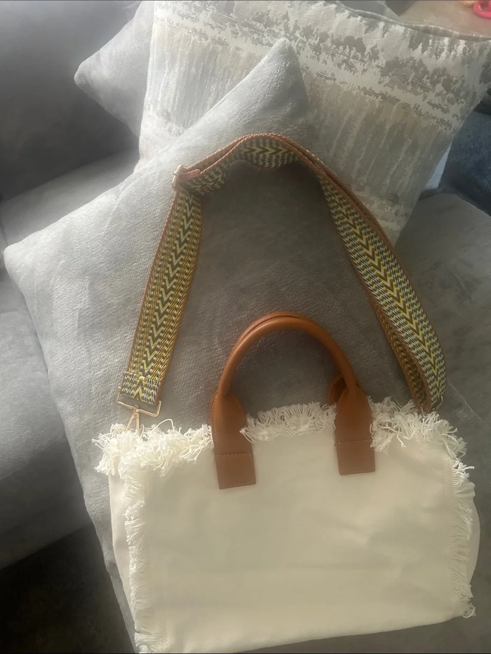 Cream Canvas Tote with Tan Handles and Removable Patterned Strap